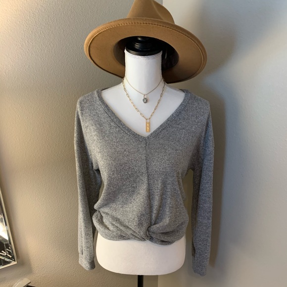 No Boundaries Sweaters - Grey long sleeve knot front sweater